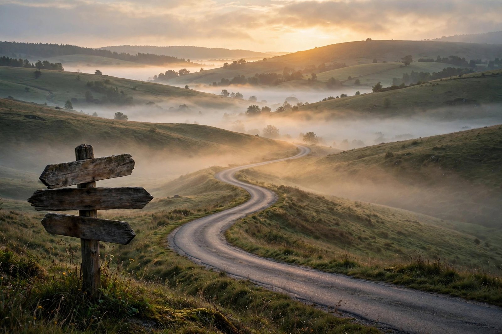 Where AI development stands: the road from narrow AI to AGI A winding road through a landscape at dawn with a signpost, symbolizing the journey of AI development from narrow AI toward AGI
