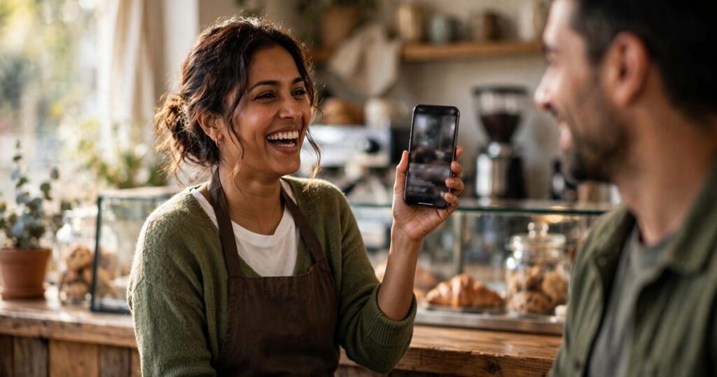Small business owner creating a video ad on her smartphone behind the counter of her shop