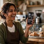 Small business owner creating a video ad on her smartphone behind the counter of her shop
