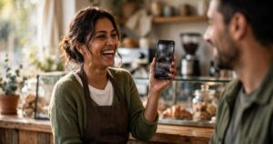 Small business owner creating a video ad on her smartphone behind the counter of her shop