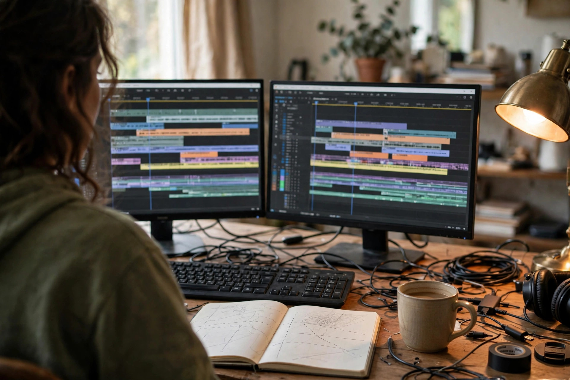Editing AI-generated video ad clips on a timeline Freelance video producer reviewing AI-generated ad clips on an editing timeline in a home studio