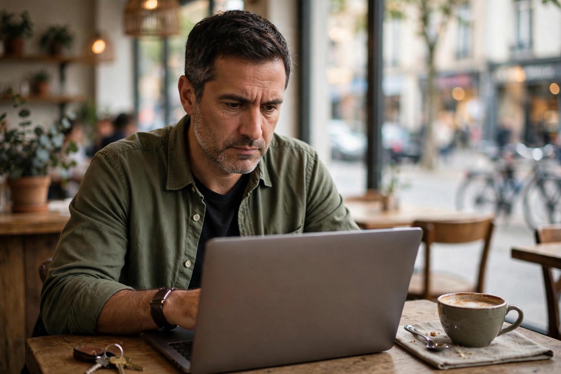 Comparing AI video ad pricing options Small business owner comparing video ad pricing packages on a laptop at a cafe table