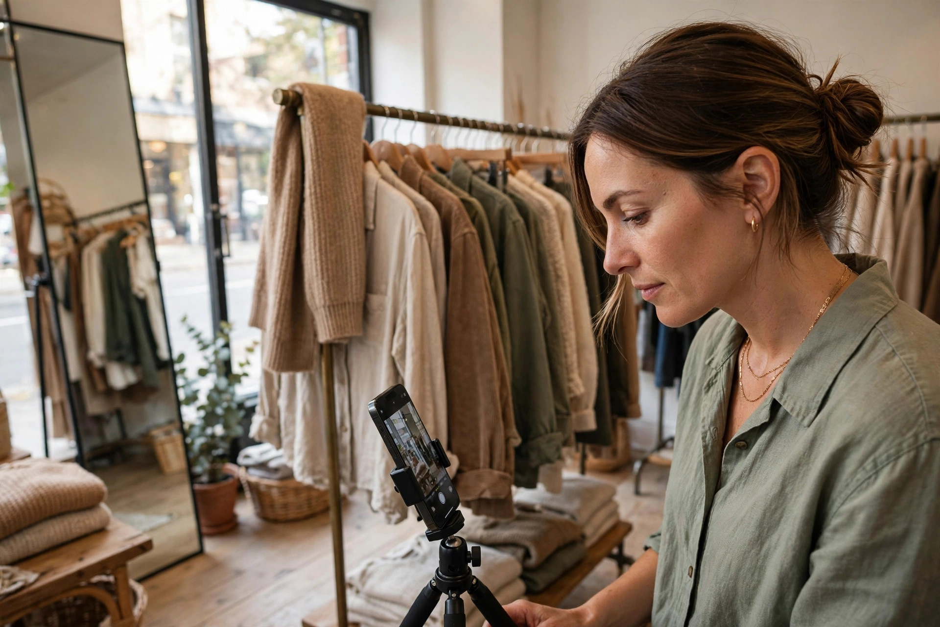 Small business owner creating product footage for AI video ads Boutique owner filming her product with a smartphone for an AI-assisted video ad