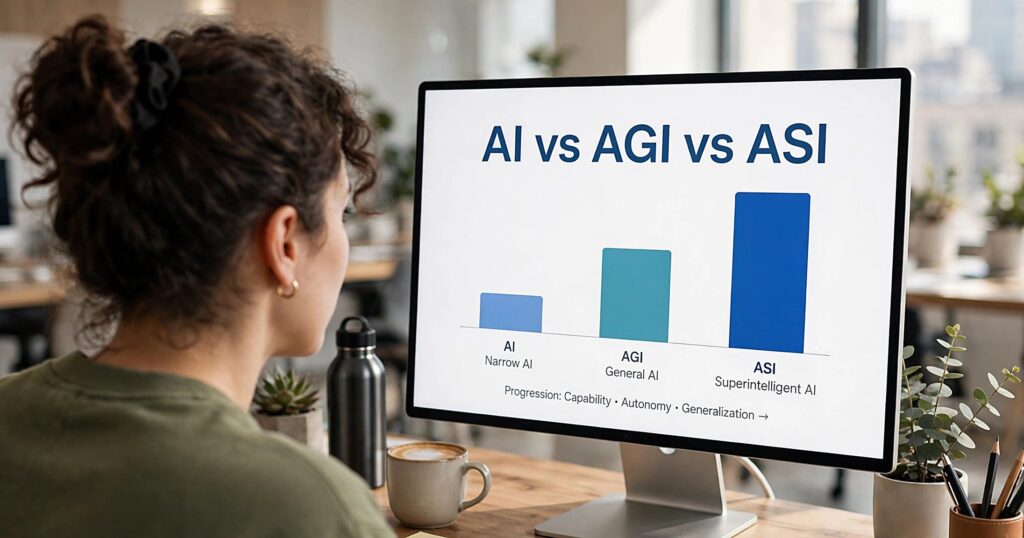 A woman at an office desk viewing a monitor chart that compares AI, AGI and ASI by rising capability