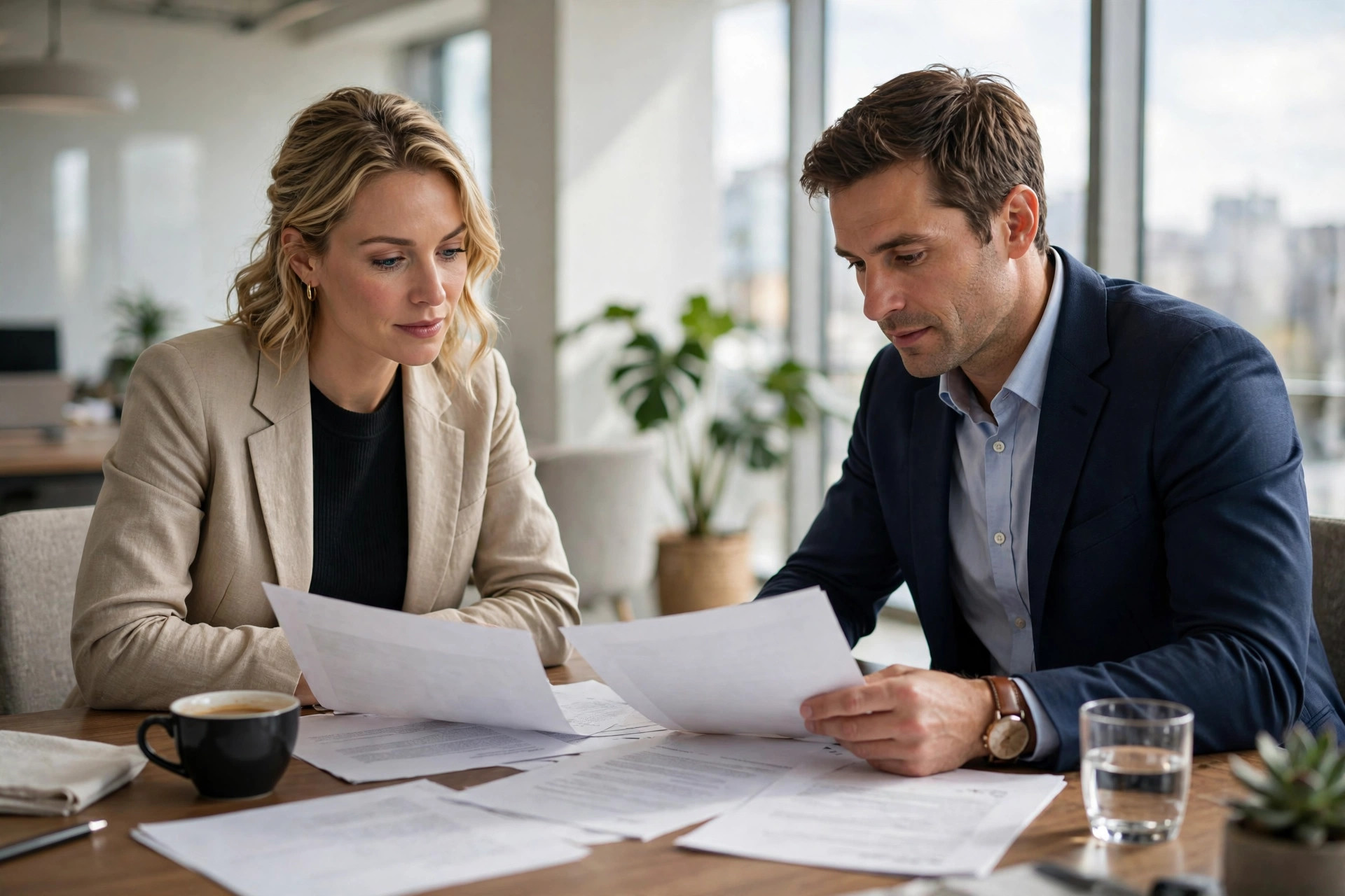 Content strategy is a judgment business, and judgment stays human A brand strategist reviewing content strategy documents with a client across a desk in a bright modern office