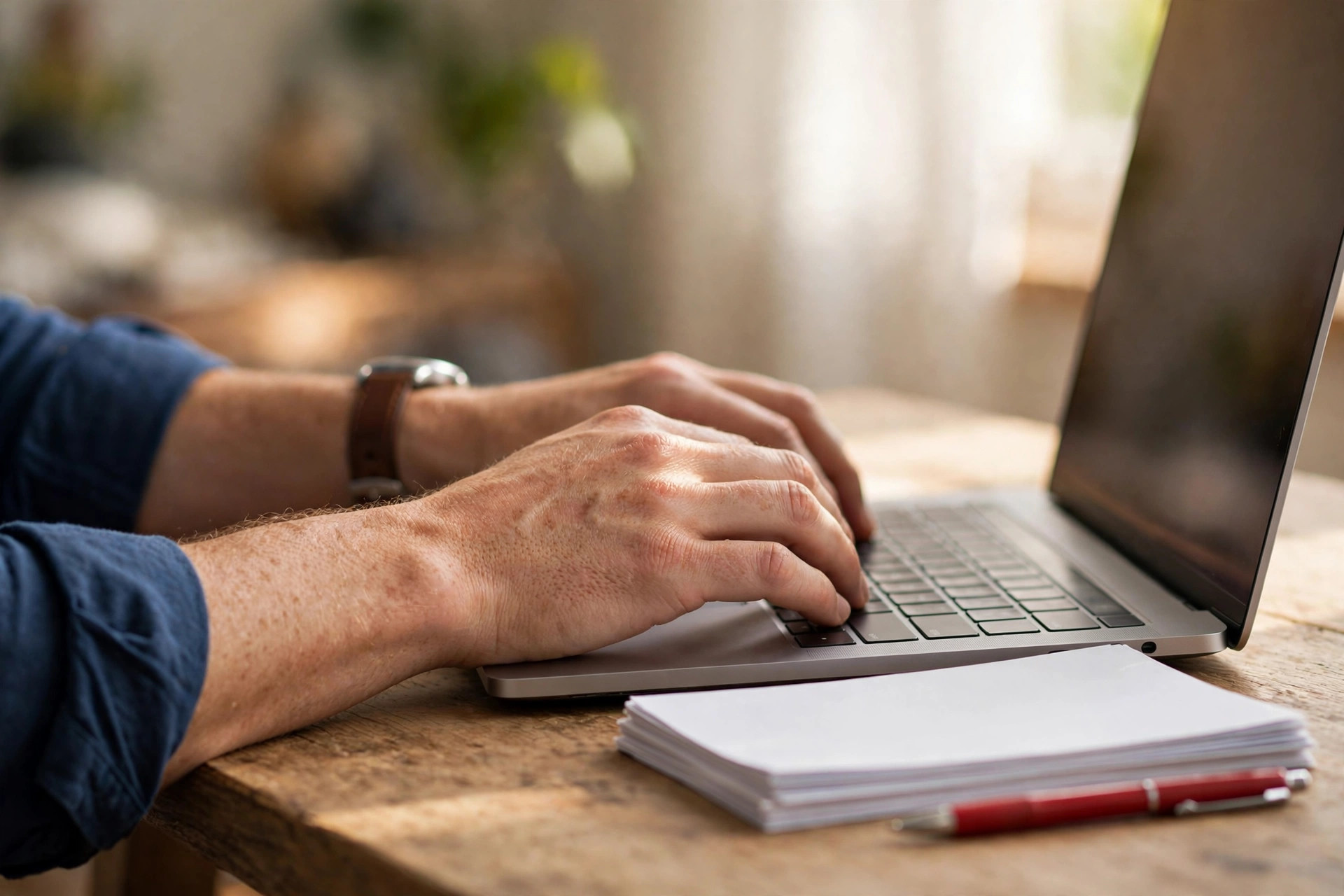 Human editing remains the decisive step in AI-assisted writing Close-up of hands typing on a laptop keyboard beside a stack of blank printed pages and a red pen
