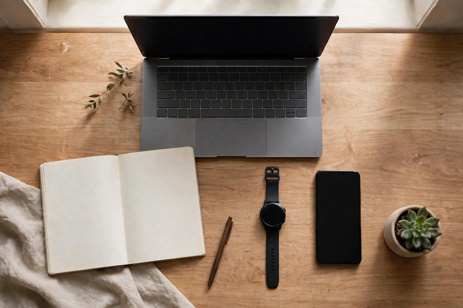 Overhead view of a workspace with laptop, smartphone, smartwatch and notebook connected to an always-on AI agent