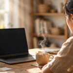 Over-the-shoulder view of a person working at a bright home office desk, representing always-on AI agents