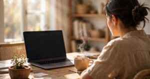Over-the-shoulder view of a person working at a bright home office desk, representing always-on AI agents