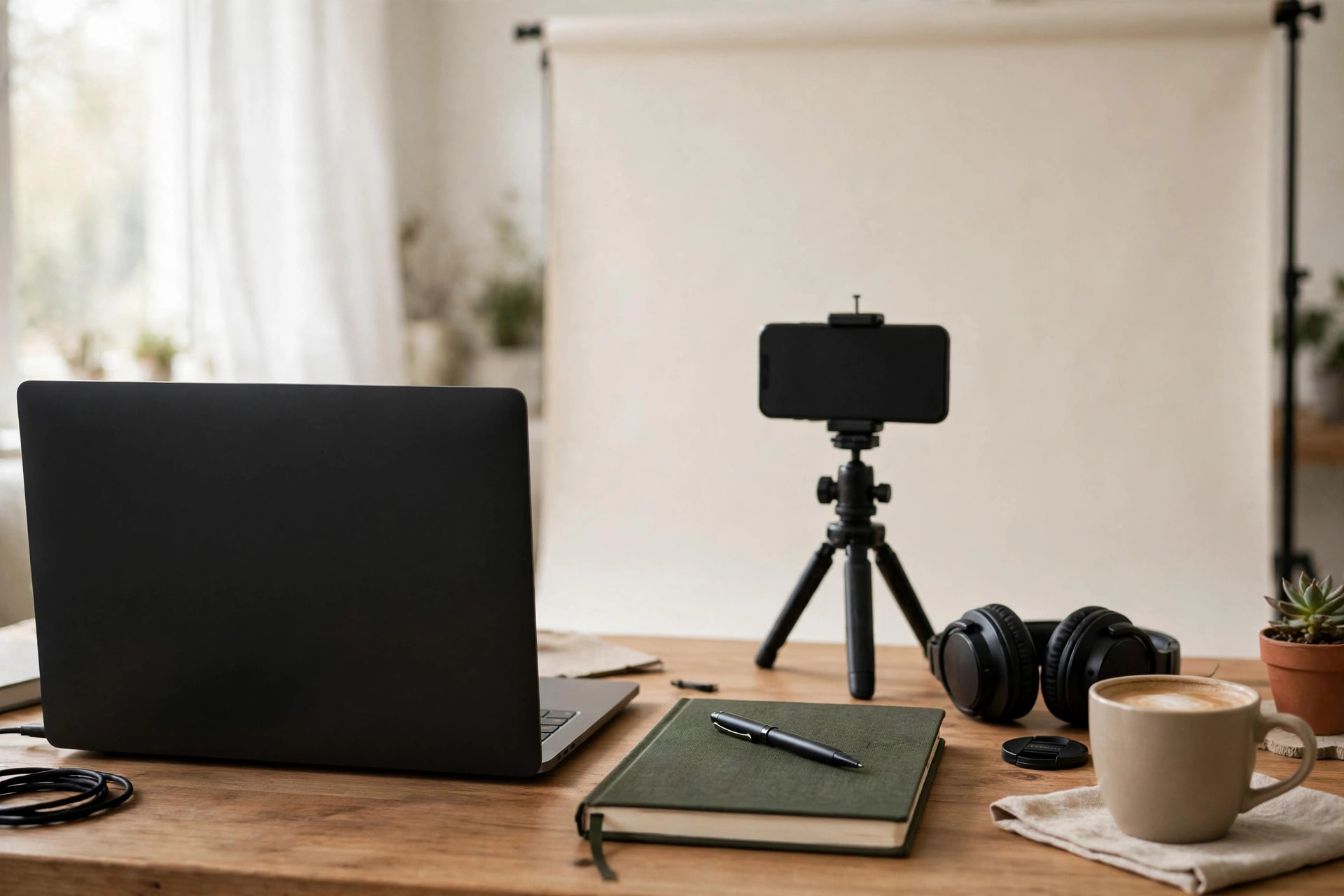 Working out the real cost of AI video generation A video creator's desk with a laptop, a phone on a tripod, headphones and a closed notebook