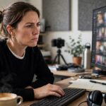 Video creator reviewing AI video generations on a monitor while working out the real cost per finished video