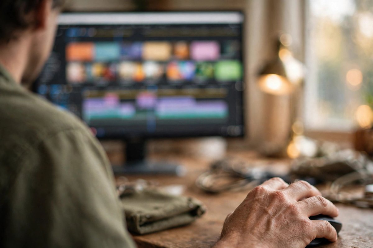 Editing a timeline of AI-generated video clips Over-the-shoulder view of a creator editing a video timeline full of generated clips