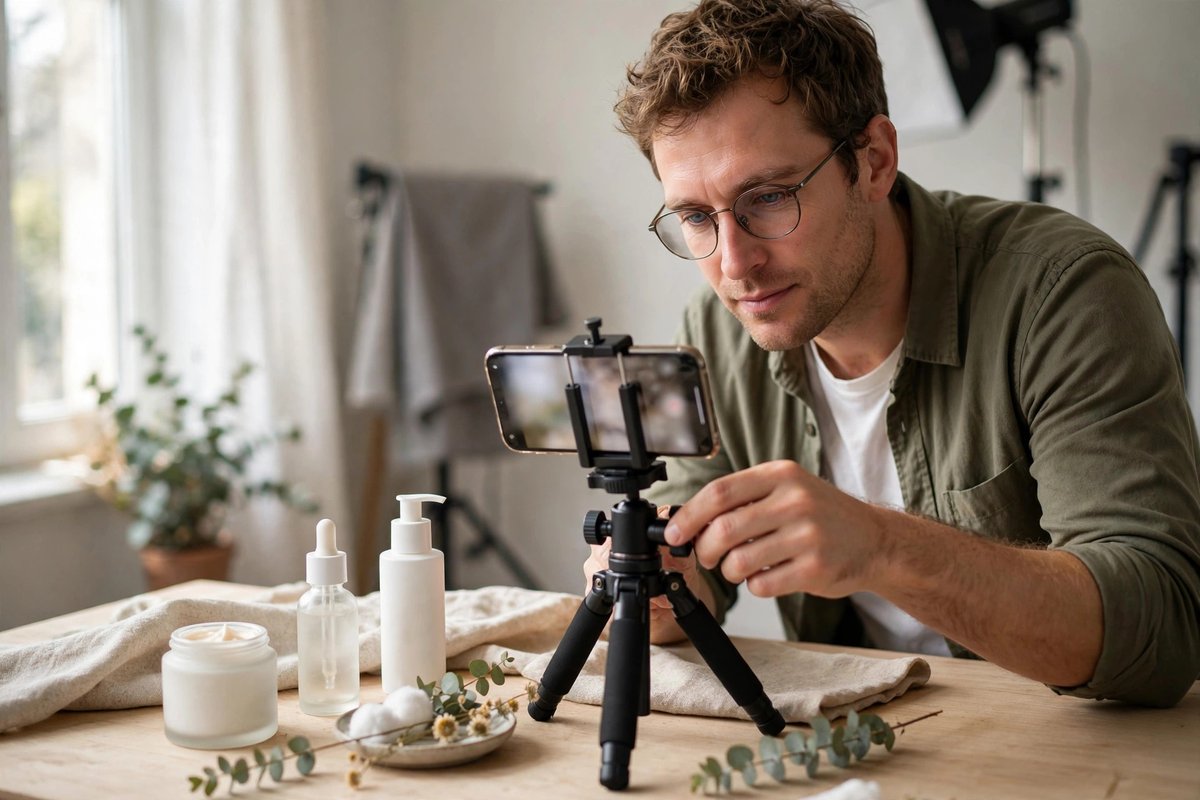Filming a product video with a phone and tripod Creator filming a skincare product with a smartphone on a tripod in a bright studio