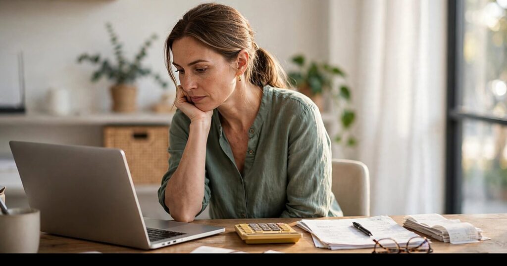 Small business owner reviewing her AI tool costs at a desk with a laptop, calculator and invoices