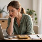 Small business owner reviewing her AI tool costs at a desk with a laptop, calculator and invoices
