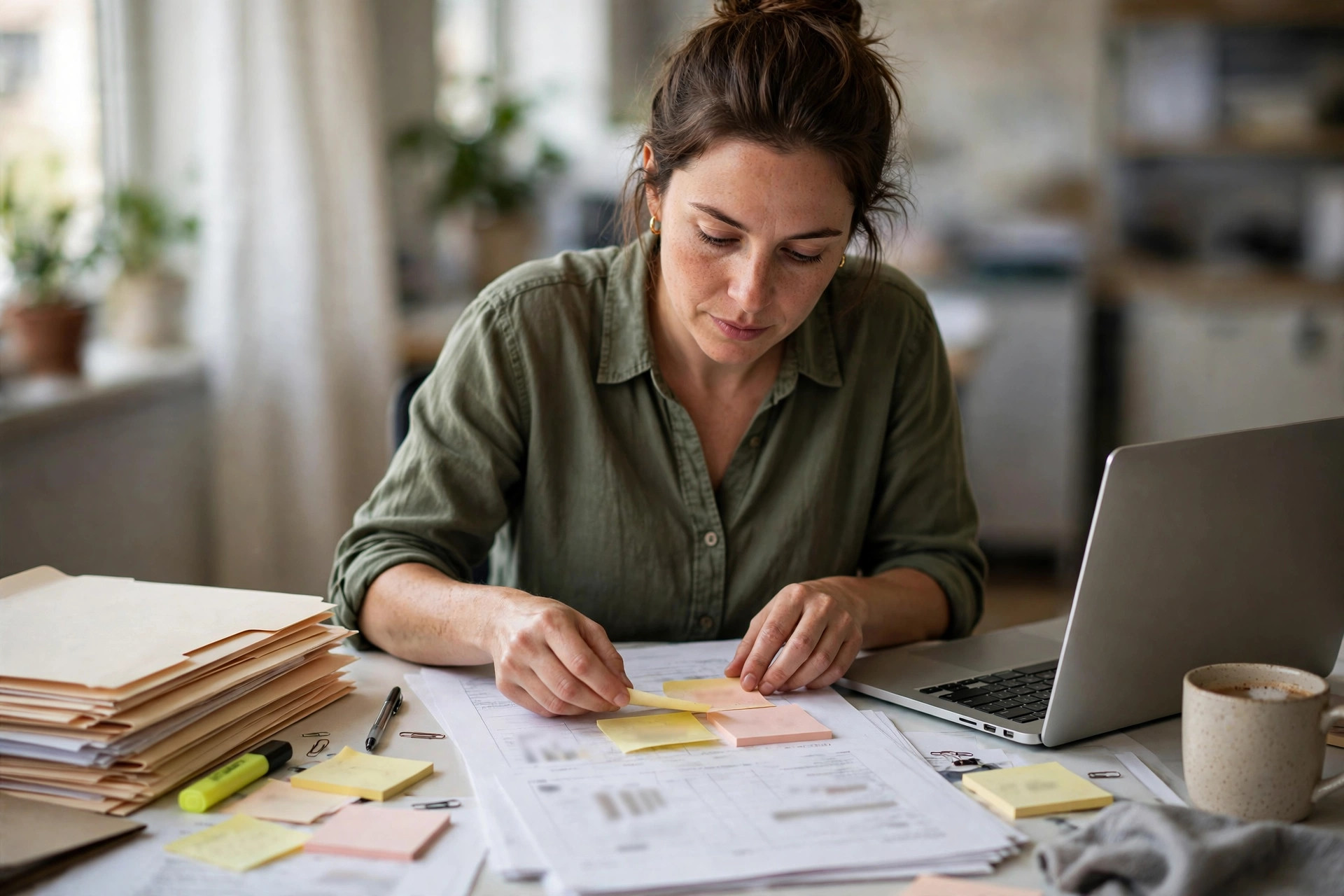 Data cleanup and training are the hidden costs of AI for small business Woman sorting paper sticky notes at a desk beside a laptop