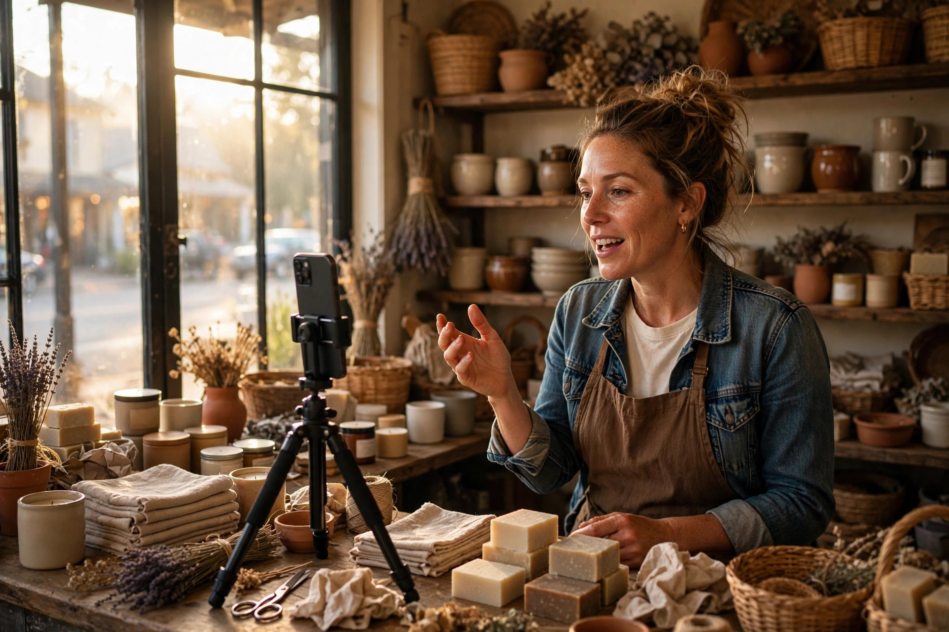 Filming a week of short videos in one batch Cafe owner filming several short videos in one sitting with a smartphone on a small tripod