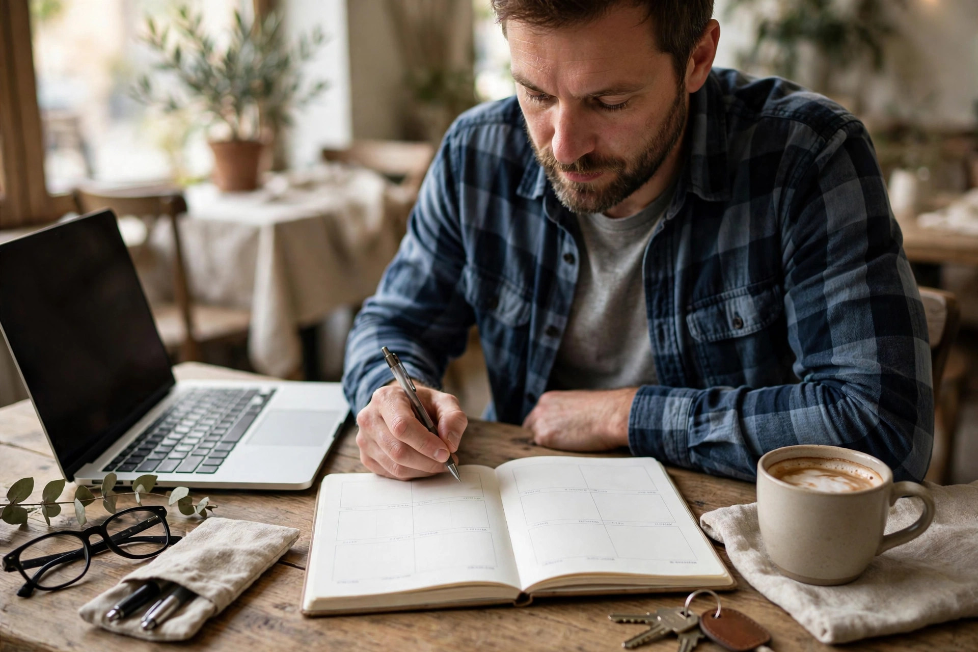 Planning one week of posts in a single sitting Small business owner planning a week of social media posts in a notebook beside a laptop and coffee
