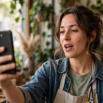 Small business owner filming social media content on a phone inside their shop