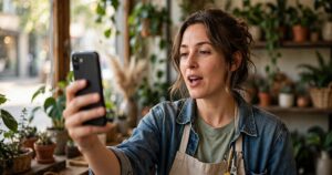 Small business owner filming social media content on a phone inside their shop