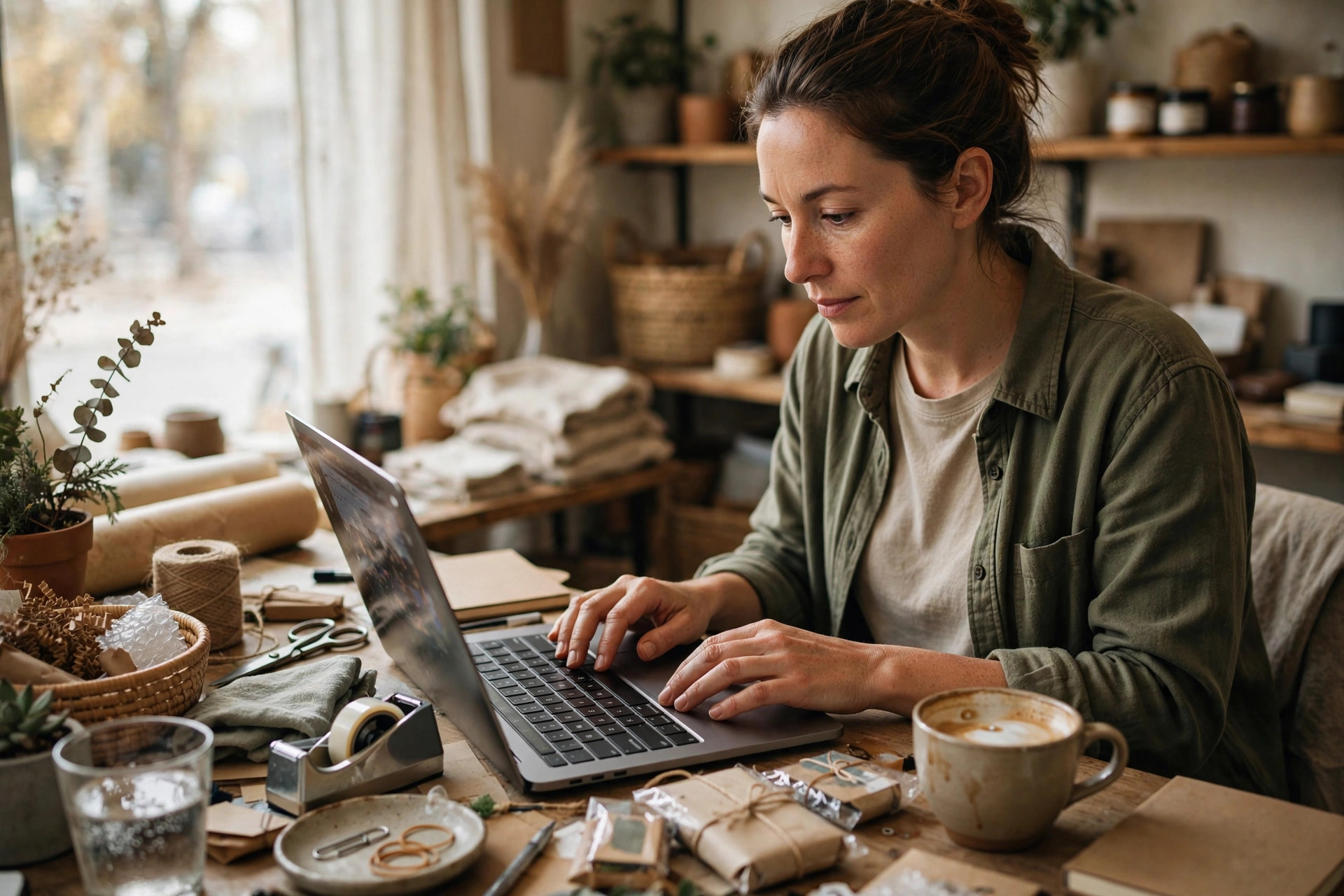 Building community by engaging with social media followers Business owner answering customer comments on social media from a laptop at their work desk