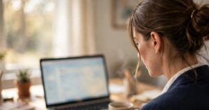 Small business owner reviewing a marketing email draft on a laptop at an office desk