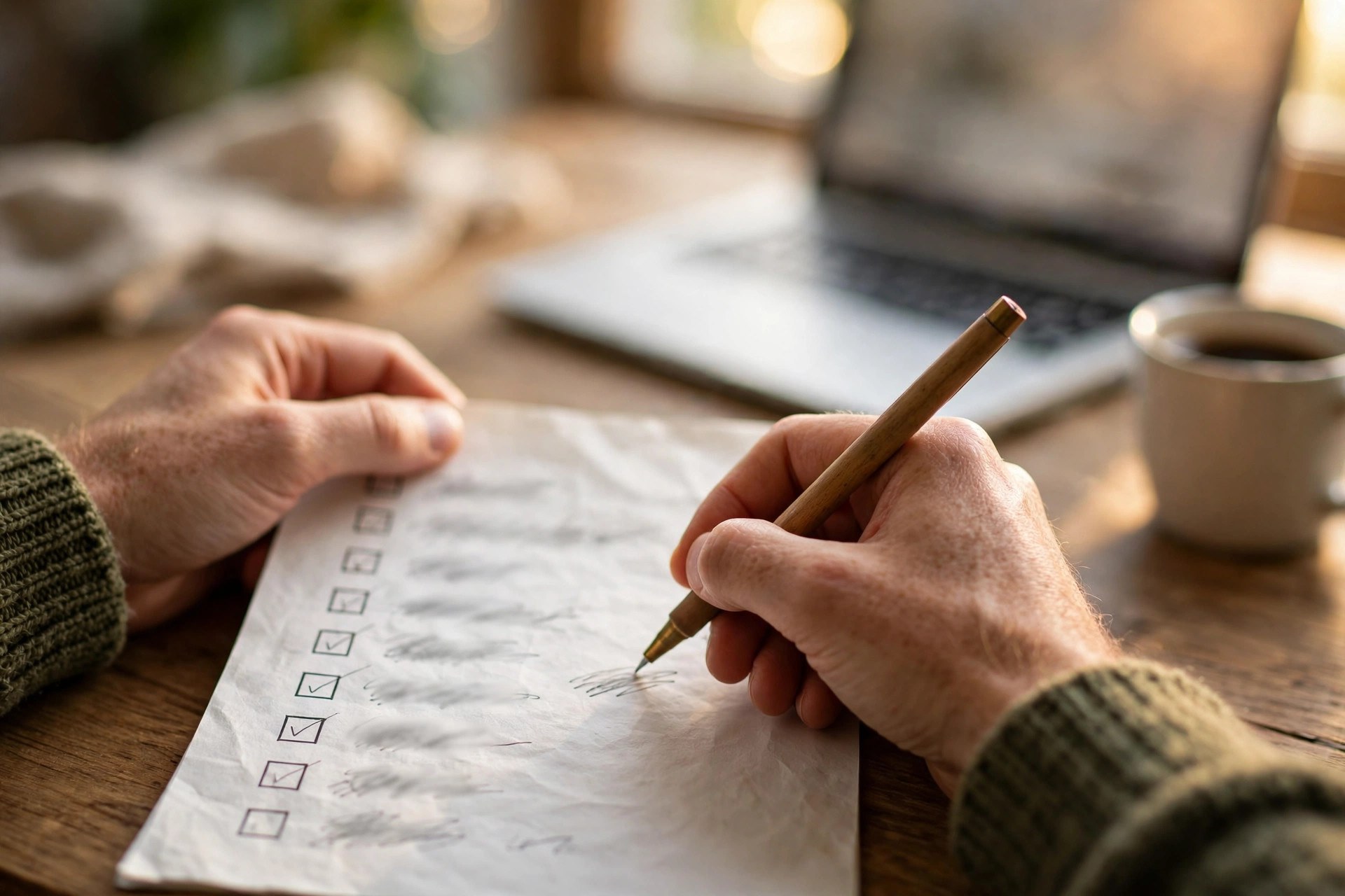 Writing an email brief by hand Business owner writing an email brief checklist on paper at a desk